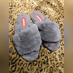 SOREL Mail Run Warming Faux Fur Slider Slipers Gray Sz 10